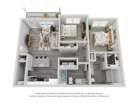 Floor plan for 2 beds, 2 baths, 942 sqft